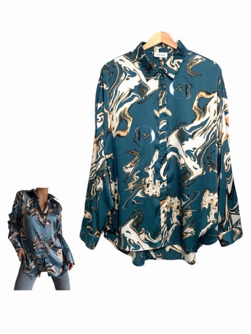 The Buckle x Acoa Teal Abstract Shiny Silky Button Up Blouse Top Size Medium